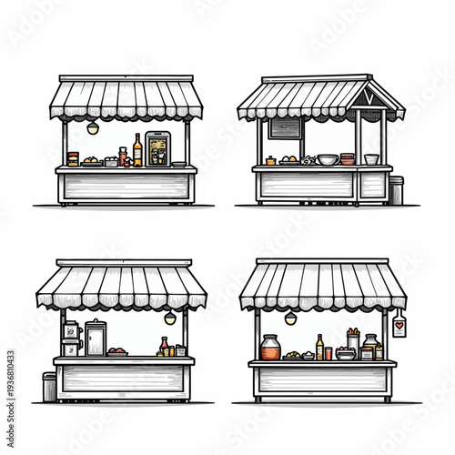 Charming set of market stall illustrations featuring various food and merchandise stands with striped awnings perfect for street fair and festival branding.
