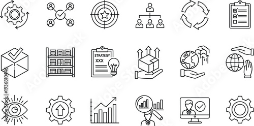 Collection of professional business line icons featuring strategy clipboard, logistics shipping box, global management, team hierarchy, target, and growth data analysis.