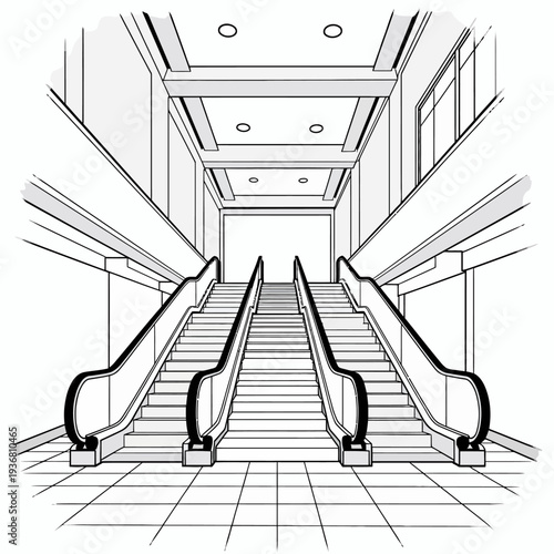 Detailed architectural line art sketch of a modern building interior featuring dual escalators in a large public hall or shopping mall transit station.
