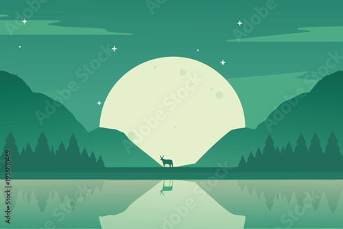 Deer Silhouette by Moonlit Lake Reflecting Mountains and ForestMinimalist Stock Illustration