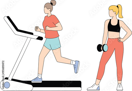 Women exercising with treadmill and dumbbells representing healthy lifestyle fitness goals and regular gym workout routine concept
