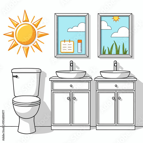 Modern master bathroom furniture set featuring dual vanity sinks and mirrors with a bright sun reflection for home renovation and interior design projects.
