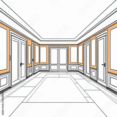 Professional interior architecture sketch of a modern hallway or hotel corridor featuring clean lines and orange accents for real estate design concepts.
