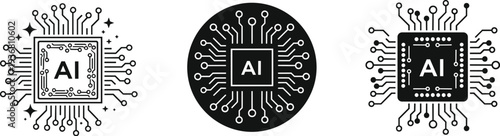 Artificial Intelligence AI Chip Processor Icons Set with Circuit Board Technology Symbols Vector Illustration