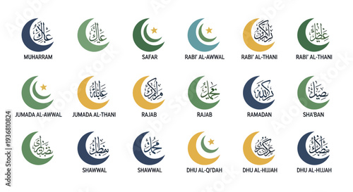 Islamic Calendar Months Crescent Moon Icons with Arabic Calligraphy