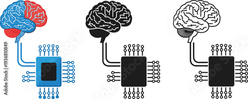 Artificial Intelligence Brain Connected to Microchip Processor Neural Network Technology Concept Vector Illustration Set