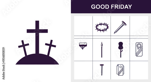 Good Friday Triptych: Crosses, Crown of Thorns, Nails, and Symbols of Crucifixion