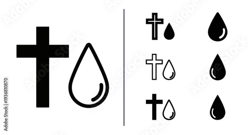 Christian Cross and Water Droplet Icons, Religious Symbol and Purity Concept