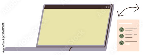 Task management, digital organization, productivity tools, remote work, collaborative processes, online systems. A laptop paired with a document checklist. Task management and digital organization