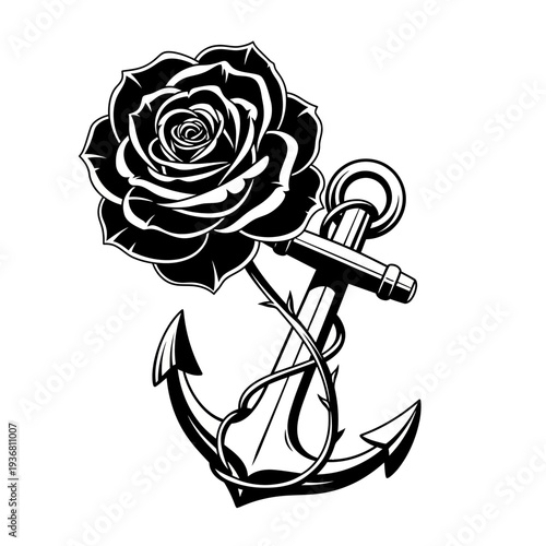 Black Rose and Anchor Tattoo Design with Thorns, Nautical Symbolism, Love, Strength