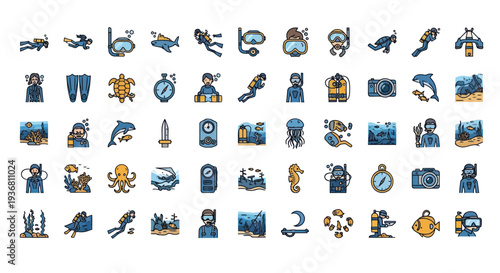 Underwater Adventure Icons: Scuba Diving, Marine Life, Ocean Activities Set