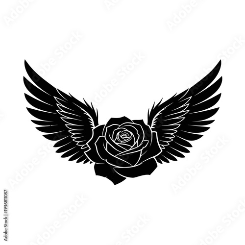 Black Rose with Wings Tattoo Design, Gothic Symbol, Vector Illustration