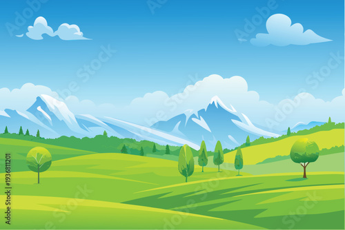 Green Rolling Hills and Snow-Capped Mountains Under Blue Sky with Clouds Vector Landscape