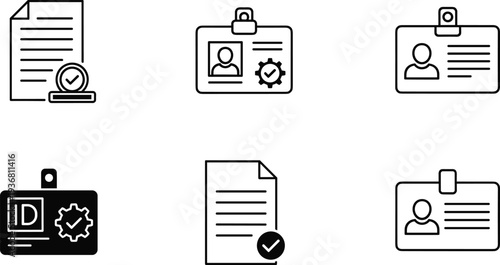 Identification Card and Document Verification Icon Set Featuring Employee ID Badges, Security Clearance Symbols, Verified Paperwork, Personal Authentication, and Access Control