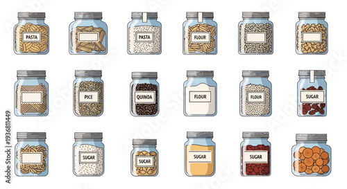Pantry Organization: Assorted Dry Goods in Glass Jars with Labels