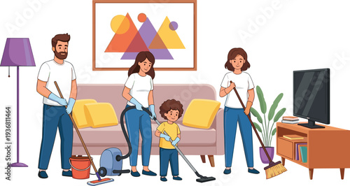 Family Cleaning House Together Cartoon Illustration with Parents and Child Doing Household Chores Vector