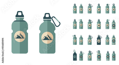 Set of Water Bottles with Mountain Logo, Outdoor Adventure Gear, Flat Design