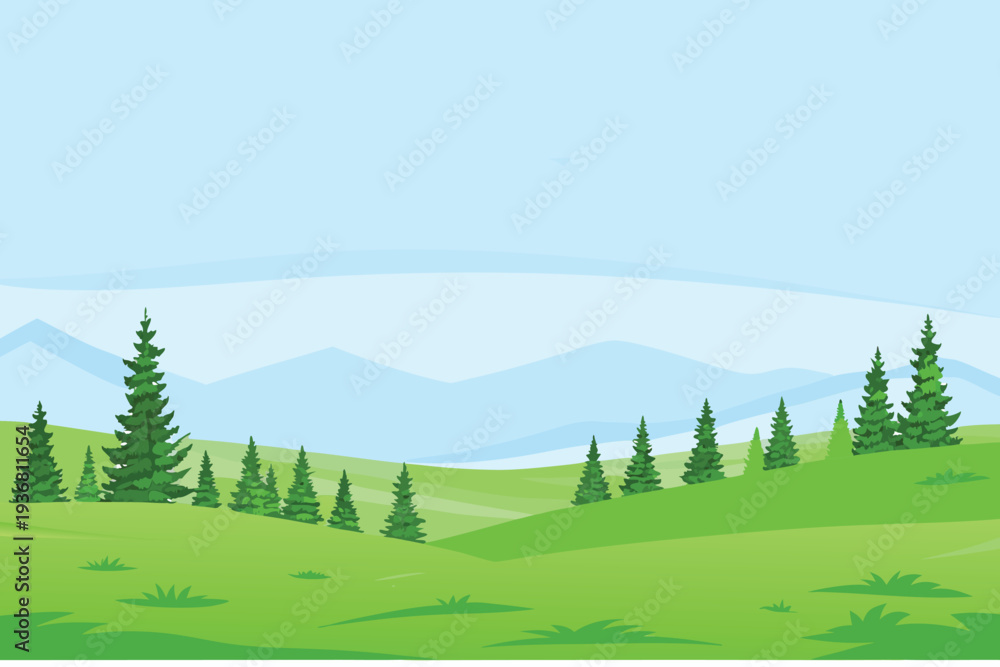 Fototapeta premium Green Rolling Hills with Pine Trees and Mountains in Background Flat Design Illustration