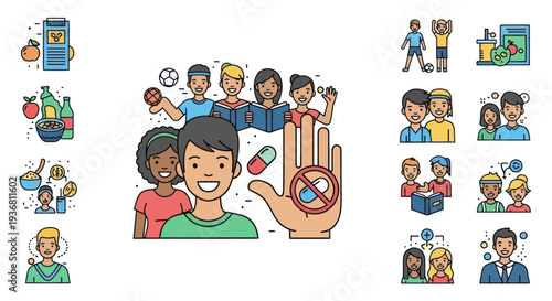 Diverse People Rejecting Pills and Embracing Healthy Lifestyle Icons