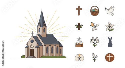 Christian Church Building and Easter Symbols Icon Set
