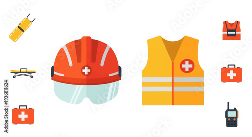 Safety Gear Collection: Hard Hat, Vest, First Aid Kit, Stretcher, Radio