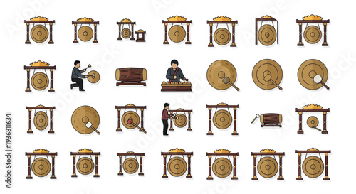 Gong Instruments Set: Traditional Asian Percussion, Musicians Playing, Isolated