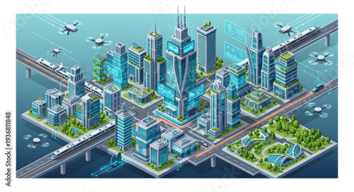 Modern Cityscape with Tall Skyscrapers and Waterfront View.