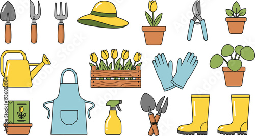 Gardening tool vector set featuring yellow watering can rubber boots apron gloves and potted plants in minimal style