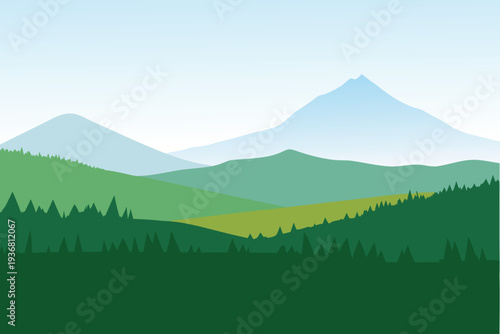 Layered Green Hills and Mountains with Blue Sky Vector Landscape Illustration