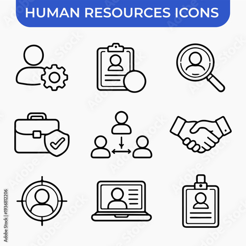 HR Icons: A collection of concise icons illustrating key concepts in human resources, perfect for a clean and informative visual