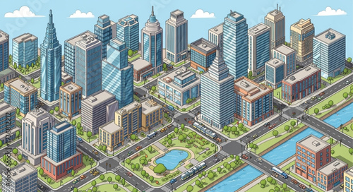 Modern Cityscape with Tall Skyscrapers and Waterways.