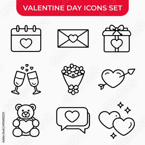 Valentine Day Icons Set: A delightful collection of minimalist line icons representing various elements associated with Valentine's Day. Featuring a calendar, envelope, gift, champagne glasses.