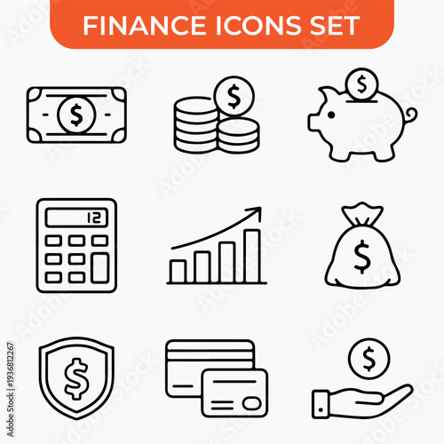 Financial Icons: A comprehensive set of financial icons, symbolizing various aspects of finance and representing financial concepts. The monochrome illustration for financial topics