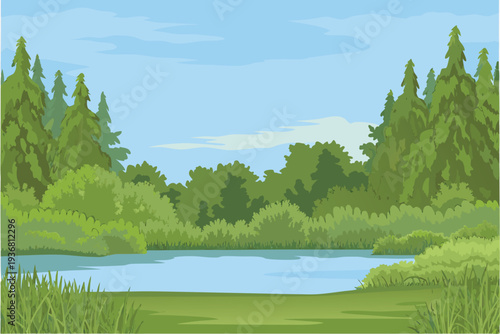 Lush Forest Lake Landscape with Green Grass and Blue Sky Vector Illustration