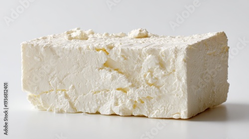 Rectangular block of Greek feta cheese on a pristine white background in studio still life