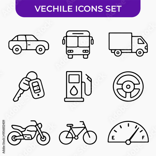 Vehicular Icons: An array of vector icons representing various modes of transport, embodying simplicity and modern design for use in digital interfaces or informational graphics.