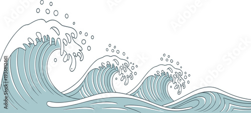 Japanese oriental ocean sea water waves vector illustration with splashing bubbles, blue nature surf, isolated design