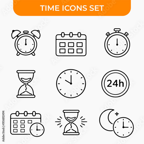 Time Icons Set: A collection of meticulously designed line art icons representing various facets of time and scheduling, providing visual tools for time management and organization.