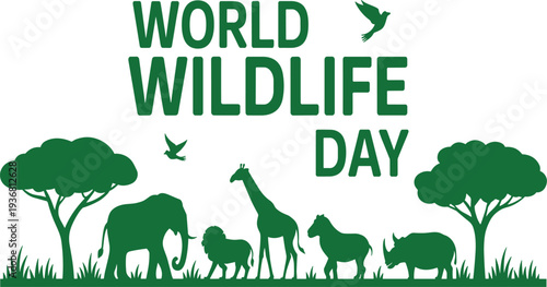 World wildlife day green banner with animal silhouettes of elephant, lion, giraffe, rhino, zebra, and trees