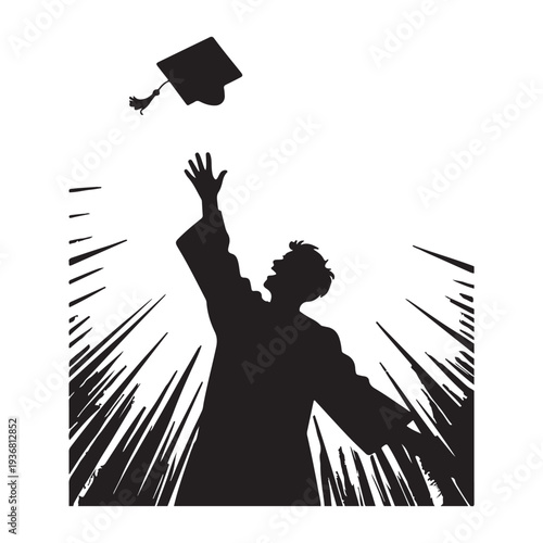 Silhouette of Triumph: A graduating student celebrates the culmination of their academic journey by tossing a mortarboard, symbolizing triumph and the beginning of a new chapter.