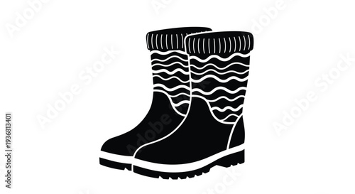A black silhouette icon of a pair of patterned rubber rain boots with knitted cuffs, representing autumn weather and outdoor activities on a white background.