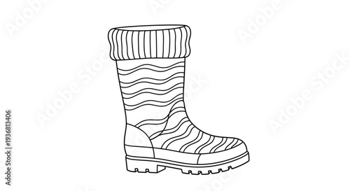 A hand-drawn line art illustration of a single rubber rain boot with a wavy pattern and a cozy knitted cuff, perfect for a coloring page.