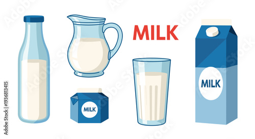 A collection of milk icons in various containers, including a glass bottle, jug, carton, and a full glass, illustrated in a clean, flat style.