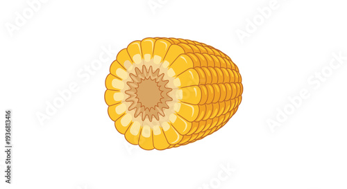 A cartoon illustration of a corn cob that has been cut in half, showing the bright yellow kernels and the inner core, on a white background.