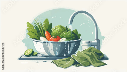 Fresh Vegetables in Colander under Faucet.