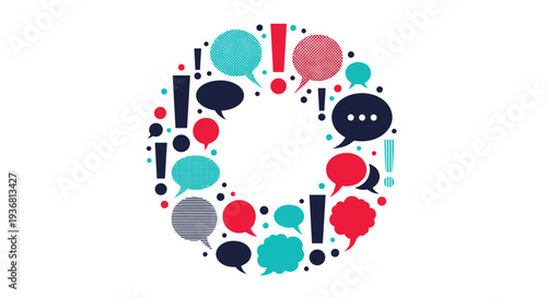 A creative circular composition made of colorful speech bubbles, exclamation marks, and dots in various patterns, with a blank center for text.