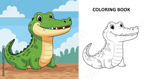 A friendly cartoon crocodile looking to the side, provided as a full-color illustration and a corresponding black-and-white line art for a coloring book page.
