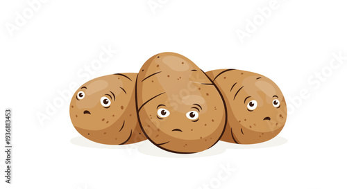 A humorous cartoon illustration of three raw potatoes with worried facial expressions, huddled together as cute, anthropomorphic vegetable characters.