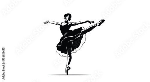An elegant black and white stencil-style illustration of a ballerina performing an arabesque on pointe, capturing grace and movement in a high-contrast design.