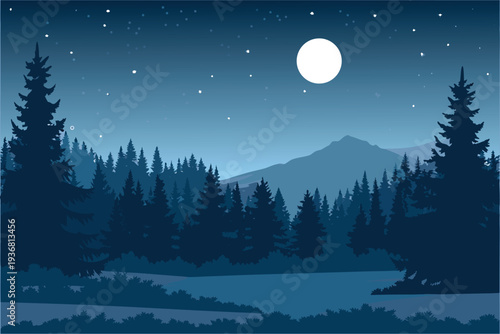 Moonlit Pine Forest Landscape with Mountains and StarsStock Illustration